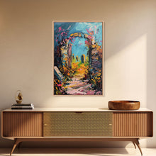 Load image into Gallery viewer, Ruined Archway Framed Canvas Print, Halloween Art, Haunted Garden, Spooky Ruins, Eerie Pathway, Fall Decor, Gothic Wall Art, Haunted Decor
