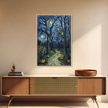 Load image into Gallery viewer, Dark Steamy Train at Night Framed Canvas Print, Halloween Wall Art, Spooky Train Station Decor, Haunted Transportation Artwork, Ghostly Art
