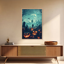 Cargar imagen en el visor de la galería, Bats and Jack-O-Lanterns Framed Canvas Print, Halloween Wall Art, Haunted Graveyard, Home Decor, Spooky Art, Living Room Decor, Gothic Art
