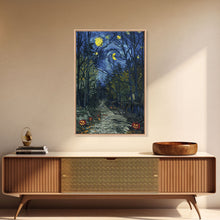 Load image into Gallery viewer, Dark Forest Path with Pumpkins Framed Canvas Print, Halloween Wall Art, Starry Night Inspired, Home Decor, Spooky Art, Living Room Decor
