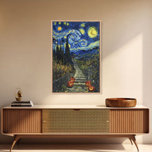 Load image into Gallery viewer, Spooky Starry Night Inspired Haunted Grave Yard Framed Canvas Print, Spooky Season Halloween Art
