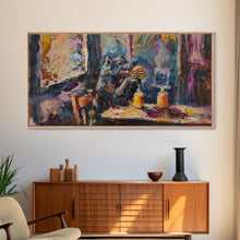 Carregar imagem no visualizador da galeria, Funny Werewolf Having a Cheeseburger in a diner, framed canvas print, halloween decor
