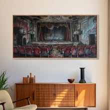 Load image into Gallery viewer, Creepy Abandoned Theater, Framed Canvas Print, Macabre Theatre, Dark Academia, Halloween Decor, Spooky Seasonal Wall Art
