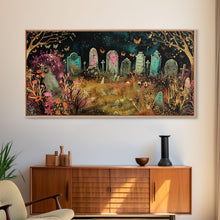 Load image into Gallery viewer, Colorful Haunted Grave Yard In The Spring Time, Framed Canvas Print, Spooky Wall Art, Halloween Spooky Season Decor
