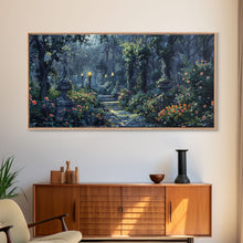 Load image into Gallery viewer, Creepy Victorian Hedge Maze, Haunted Cemetary Framed Canvas Print, Spooky Season Wall Art
