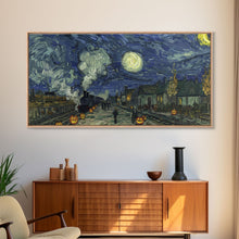 Load image into Gallery viewer, Starry Night Inspired Haunted Steam Train, Framed Canvas Print, Spooky Halloween Wall Art
