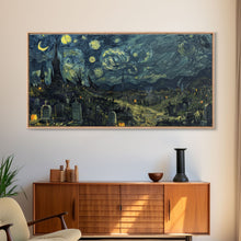 Load image into Gallery viewer, Starry Night Inspired Haunted Cemetery Framed Canvas Print, Halloween Wall Decor, Art Prints, Creepy Art
