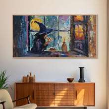 Load image into Gallery viewer, Witch Eatin&#39; a Slice of Pizza, Framed Canvas Print, Witchy Decor, Impasto Style Halloween Wall Art

