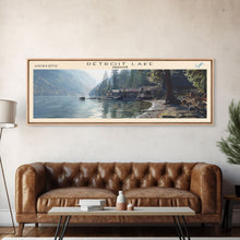 Load image into Gallery viewer, Detroit Lake Oregon Framed Canvas Print, Lake House Decor, Panoramic Wall Art, Travel Poster, Rustic Lake Painting, Nature Art
