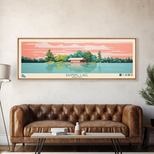 Load image into Gallery viewer, Banning Lake Indiana Framed Canvas Print, Panoramic Travel Poster, Midcentury Modern Wall Art, Pop Art, Bedroom Decor

