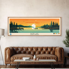 Load image into Gallery viewer, Basin Lake Saskatchewan Framed Canvas Print, Panoramic Wall Art, Midcentury Modern Lake House Decor, Pop Art, Travel Poster, Scenic Living Room Art
