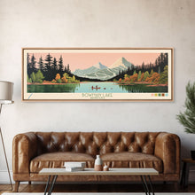 Load image into Gallery viewer, Bowman Lake Montana Framed Canvas Print, Panoramic Wall Art, Midcentury Modern, Pop Art, Travel Poster, Scenic Living Room Art, Lake House Decor
