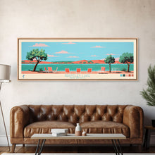 Load image into Gallery viewer, Brantley Lake New Mexico Framed Canvas Print, Midcentury Modern Panoramic Wall Art, Living Room Decor, Pop Art, Travel Poster Art, Scenic Nature Painting
