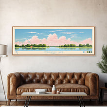 Load image into Gallery viewer, Coralville Lake Iowa Framed Canvas Print, Midcentury Modern Panoramic Wall Art, Living Room Decor, Pop Art, Travel Poster Art, Scenic Nature Painting, Lake House Decor
