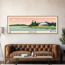 Load image into Gallery viewer, Crean Lake Saskatchewan Framed Canvas Print, Midcentury Modern Panoramic Wall Art, Living Room Decor, Pop Art, Travel Poster Art, Scenic Nature Painting, Lake House Decor
