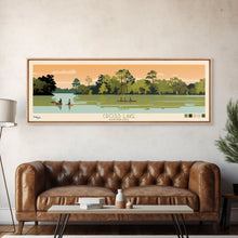 Load image into Gallery viewer, Cross Lake Louisiana Framed Canvas Print, Midcentury Modern Panoramic Wall Art, Living Room Decor, Pop Art, Travel Poster Art, Scenic Nature Painting, Lake House Decor
