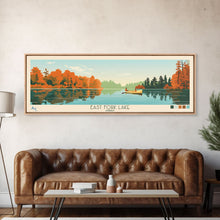 Load image into Gallery viewer, East Fork Lake Ohio Framed Canvas Print, Panoramic Wall Art, Midcentury Modern, Pop Art, Bedroom Decor, Travel Poster, Artistic Lake Painting
