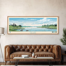Load image into Gallery viewer, Elk Lake Michigan Framed Canvas Print, Panoramic Wall Art, Midcentury Modern, Pop Art, Bedroom Decor, Travel Poster, Nature Art
