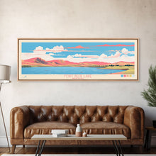 Load image into Gallery viewer, Fort Peck Lake Montana Framed Canvas Print, Panoramic Wall Art, Midcentury Modern, Pop Art, Bedroom Decor, Travel Poster, Nature Art, Artistic Decor
