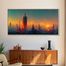 Load image into Gallery viewer, Cyberpunk city canvas art, video game concept art, living room wall art, dystopian art, outrun style city at sunset, man cave wall art
