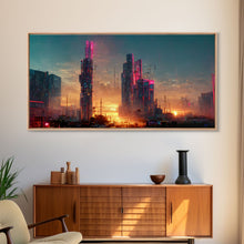 Cargar imagen en el visor de la galería, Cyberpunk Cityscape Dystopian City Futuristic Sunset Fine Art Print, Wall Art Print, Wall Décor, Wall Poster
