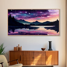 Carregar imagem no visualizador da galeria, Beautiful lake at night canvas print, purple and pink sunset night sky, wall art canvas, lake front view, guest room wall art

