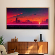 Load image into Gallery viewer, Cyberpunk lake art, city canvas, video game concept art, living room wall art, dystopian art, outrun city at sunset, man cave canvas print
