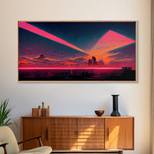 Load image into Gallery viewer, Cyberpunk lake art, city canvas, video game concept art, living room wall art, dystopian art, outrun city at sunset, man cave canvas print
