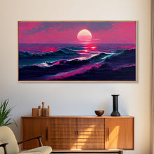Load image into Gallery viewer, Synth wave sunset, ocean painting canvas print, outrun style, sun set art, wall decor, Made in Texas, ocean sunset, beach vaporwave
