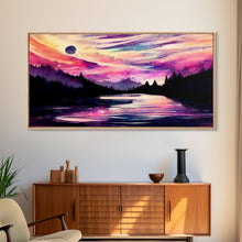 Carregar imagem no visualizador da galeria, Beautiful lake at night canvas print, purple and pink sunset night sky, wall art canvas, lake front view, guest room, surreal Lakehouse Art
