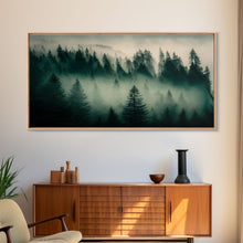 Load image into Gallery viewer, Framed Canvas Print, Pine Tree Forest, Misty Forest Landscape, Fog Covered Mountain, Nature Landscape Decor
