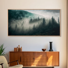 Carregar imagem no visualizador da galeria, Foggy Forest wall art, relaxing art, zen art, framed canvas print, foggy landscape, trendy decor
