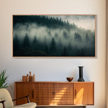 Carregar imagem no visualizador da galeria, Foggy pine forest, Canadian forest art, framed canvas print, farmhouse decor, misty forst landscape
