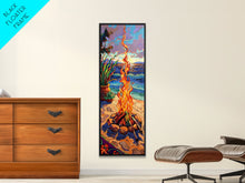 Load image into Gallery viewer, Abstract Canvas Painting of Campfire on Beach, Beachy Wall Art, Tall and Narrow Vertical Wall Art, Canvas Painting Printed and Framed

