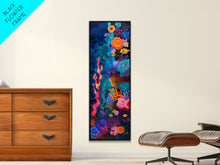 Load image into Gallery viewer, Colorful Underwater Art Print, Vibrant Wall Art Framed on Canvas, Black Light Poster, Fish Poster Art, Vertical Canvas Art, Living Room Art
