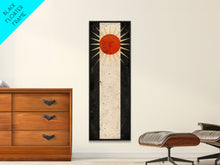 Carregar imagem no visualizador da galeria, Abstract Sunburst Design on Distressed Background - Framed Canvas Print, Midcentury Modern Art, Skinny Art, Tall Art, Living Room Wall Decor

