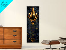Load image into Gallery viewer, Gold Geometric Art Deco Pattern on Black Background - Framed Canvas Print, Midcentury Modern Art, Skinny Art, Tall Art, Living Room Wall Decor
