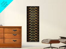 Load image into Gallery viewer, Abstract Gold Geometric Pattern on Black Background - Framed Canvas Print, Art Deco Style, Skinny Art, Tall Art, Midcentury Modern Art, Living Room Wall Decor
