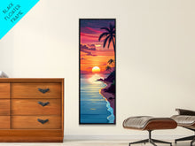 Cargar imagen en el visor de la galería, Coastal Sunset Palm Trees Midcentury Modern Art - Framed Canvas Print, Boho Art, Skinny Art, Living Room Art, Bedroom Decor, Tropical Landscape
