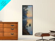 Carregar imagem no visualizador da galeria, Calm River Reflection with a Lone Boat, Skinny and Tall Art, Serene Landscape Framed Canvas Print, Tranquil Wall Art
