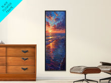 Load image into Gallery viewer, Framed Canvas Print of a Colorful Skinny Art Sunset Over the Ocean with a Vibrant Sky Reflecting on the Water in this Tall Coastal Landscape Art
