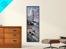 Carregar imagem no visualizador da galeria, Framed Canvas Print Skinny Art of a Majestic Lighthouse Standing Tall Against a Bright Blue Sky with Waves Crashing on Rocky Shores, Perfect Tall Art
