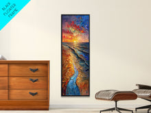 Carregar imagem no visualizador da galeria, Framed Canvas Print Skinny Art of a Vibrant Sunset Over a Rolling Ocean with Dramatic Colors in the Sky and Water, Ideal Tall Art for Modern Spaces
