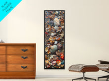 Carregar imagem no visualizador da galeria, Framed Canvas Print Skinny Art of a Variety of Colorful Seashells Arranged in a Textured Pattern, Perfect Tall Art for Beach Themed Rooms
