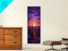 Cargar imagen en el visor de la galería, Colorful Sunset Over a Desert Landscape with a Saguaro Cactus and Dramatic Sky on a Framed Canvas Print Skinny Art Piece
