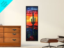 Load image into Gallery viewer, Desert Landscape with Saguaro Cactus Silhouette Against a Fiery Sunset on a Framed Canvas Print Skinny Art Piece
