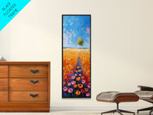 Load image into Gallery viewer, Colorful Wildflowers in a Field with a Lone Tree Under a Bright Blue Sky on a Framed Canvas Print Tall Art Piece
