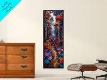 Carregar imagem no visualizador da galeria, Fantasy Forest Pathway with Giant Mushrooms as Tall Skinny Art Framed Canvas Print for Whimsical Wall Decor in Unique Spaces
