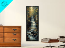 Load image into Gallery viewer, Beautiful Stream Cascading Waterfalls In The Forest at Golden Hour, Framed Canvas Print, Boho Style Landscape Painting Print
