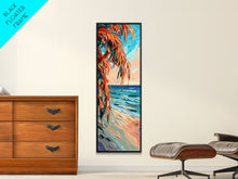 Carregar imagem no visualizador da galeria, Expressive Coastal Shoreline Landscape in Blue and Orange, Abstract Painting on Framed Canvas Print, Perfect for Beach-Themed Wall Art
